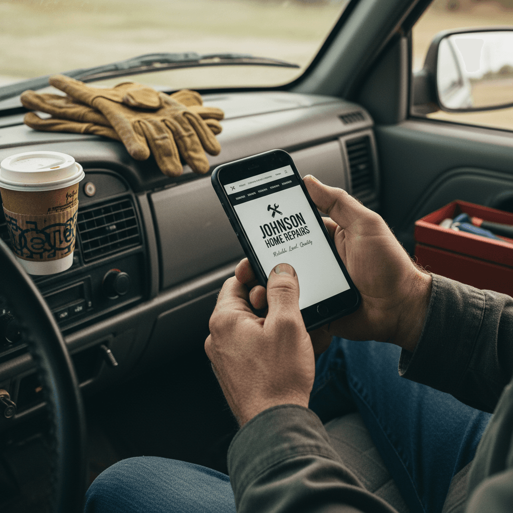 Contractor's hands holding a smartphone showing a new business website