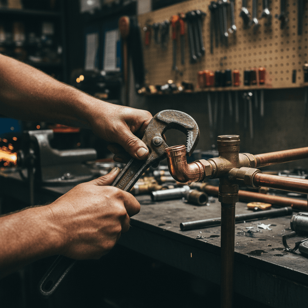 Plumber's hands tightening a pipe wrench on a copper fitting