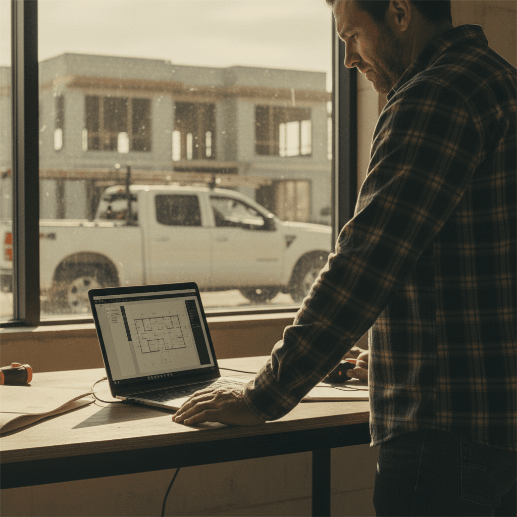 Tradesperson in work boots standing beside a laptop with truck blurred behind