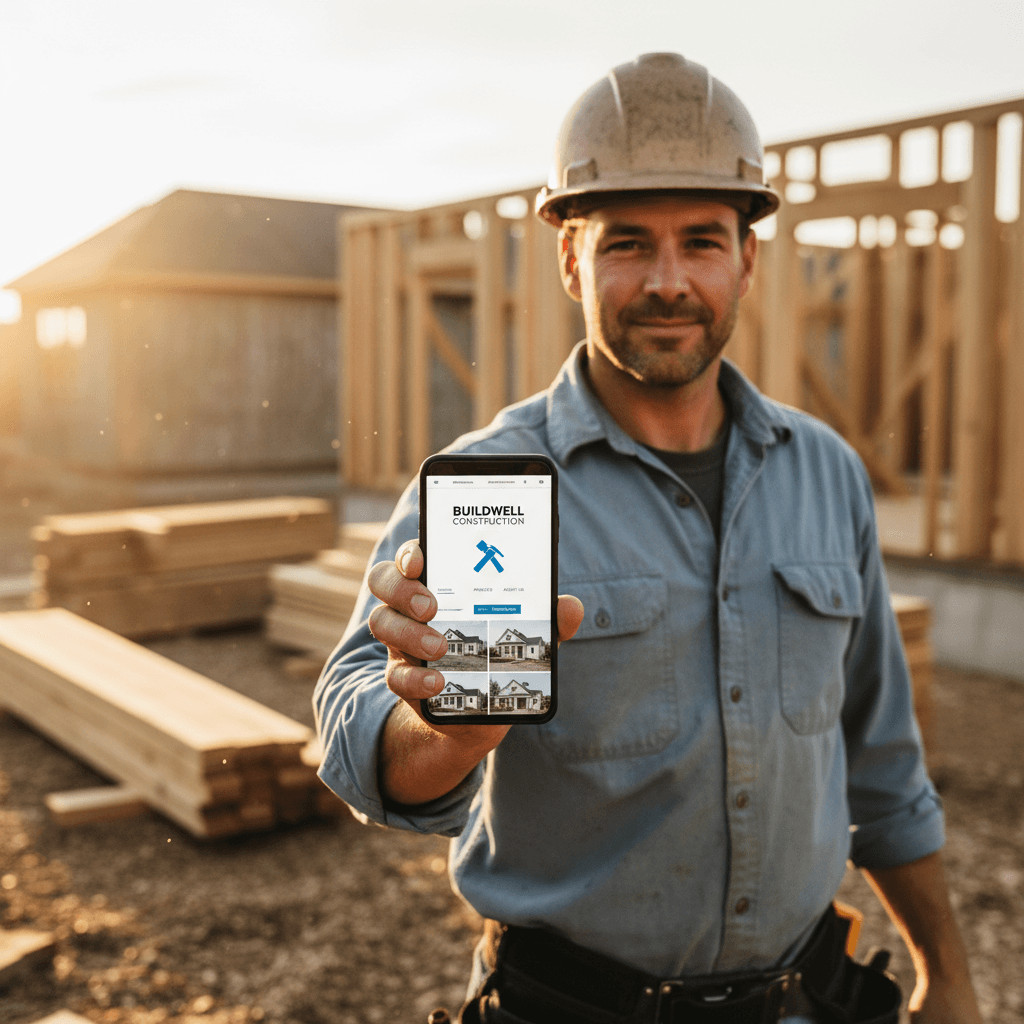Contractor holding a smartphone showing a clean business website