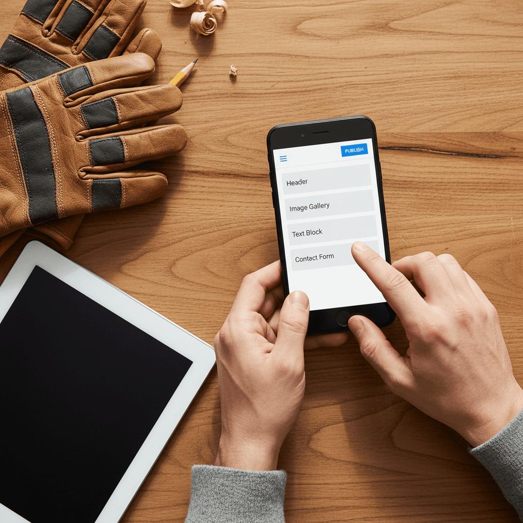 Hands tapping on a smartphone with a simple website editor open